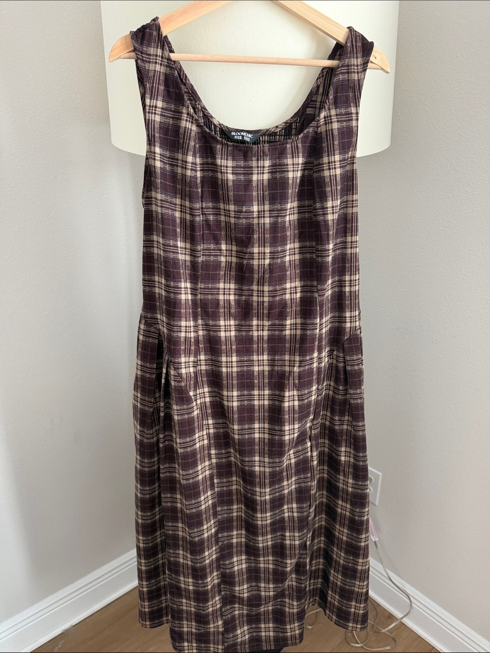 BloomChic Sleeveless Plaid Midi Dress in Brown and Cream